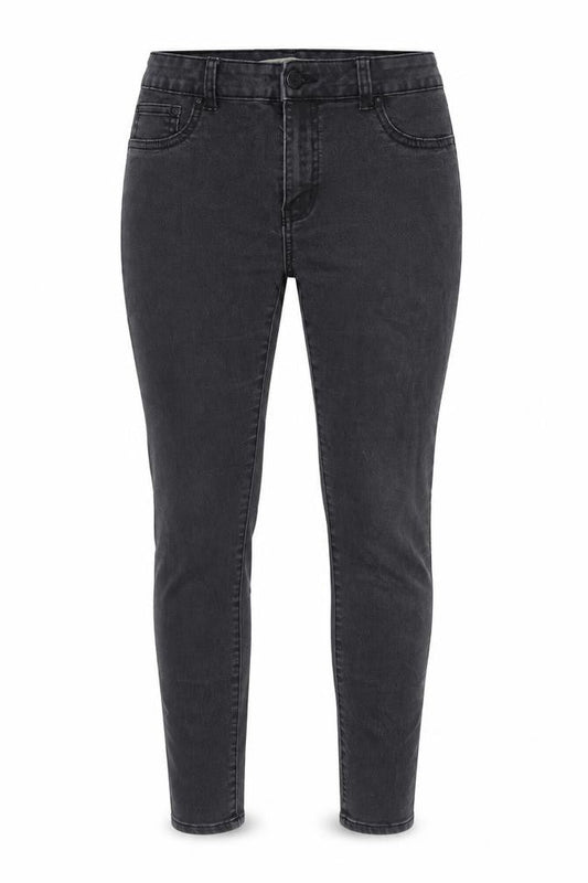 Front view of Denim & Co. women’s grey cotton blend tapered jeans, size UK 12, 27.5-inch leg regular zip