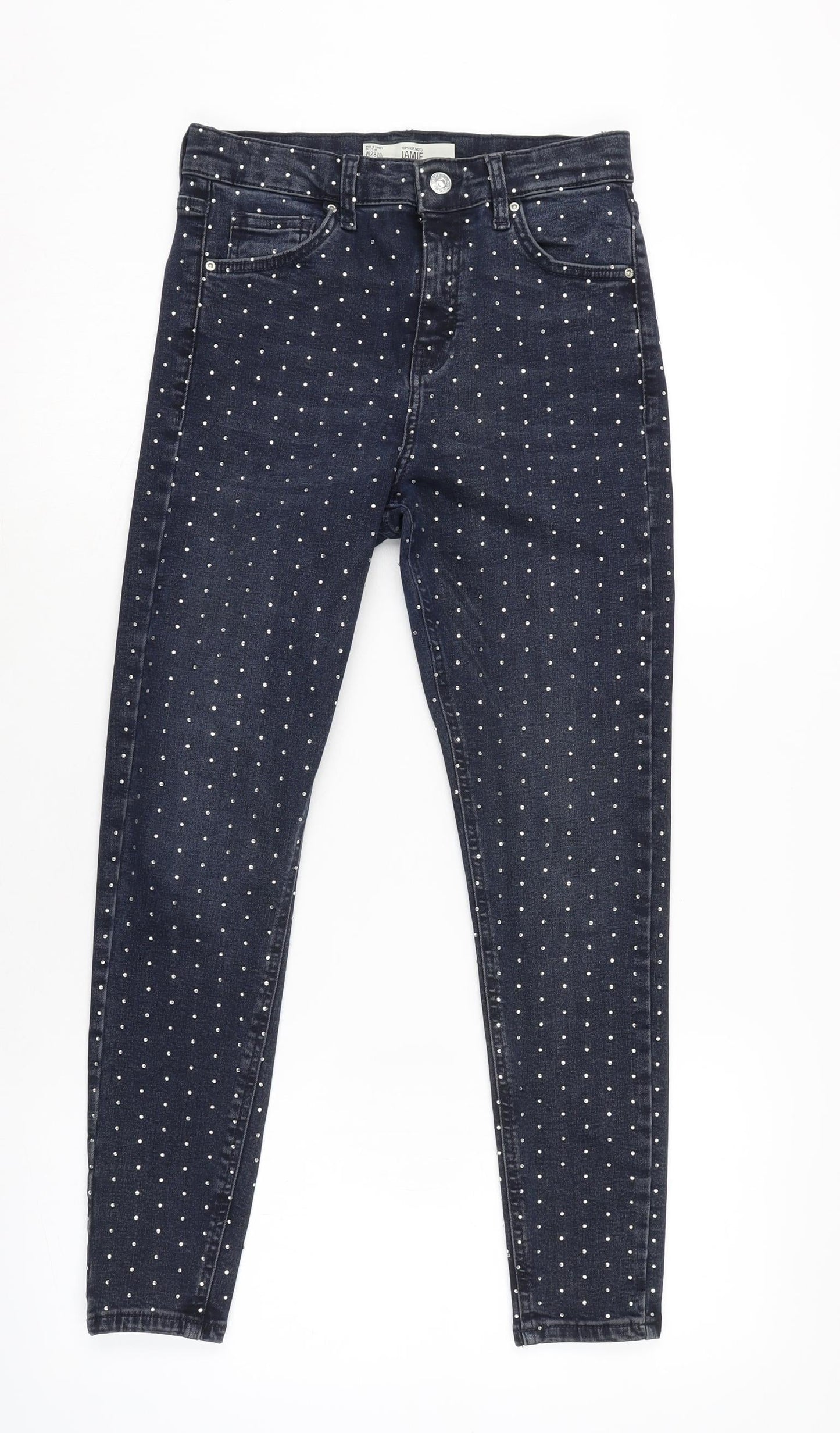 Topshop Womens Blue Cotton Blend Tapered Jeans Size 26 in L25 in Regular Zip - Diamonte Detail all over.