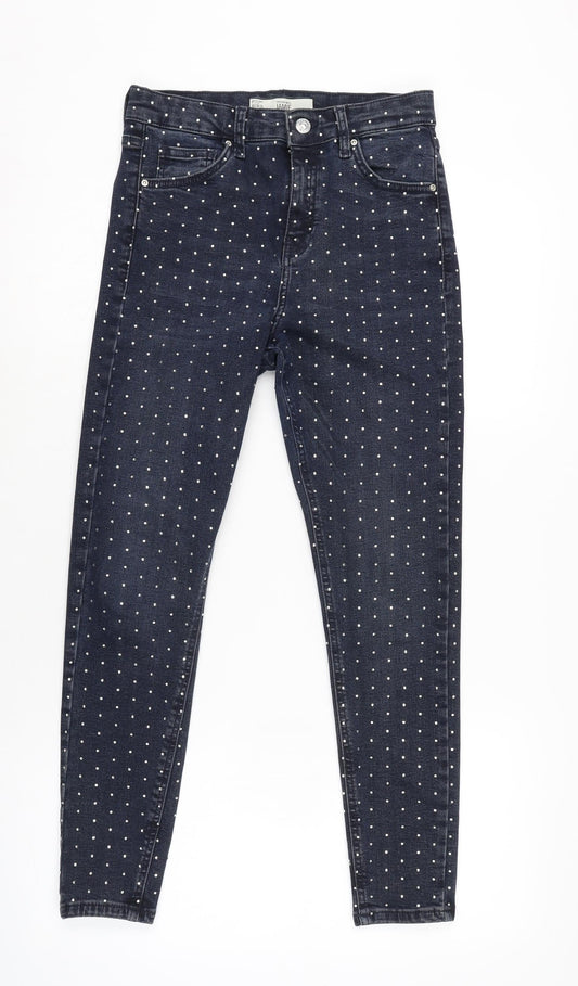 Topshop Womens Blue Cotton Blend Tapered Jeans Size 26 in L25 in Regular Zip - Diamonte Detail all over.
