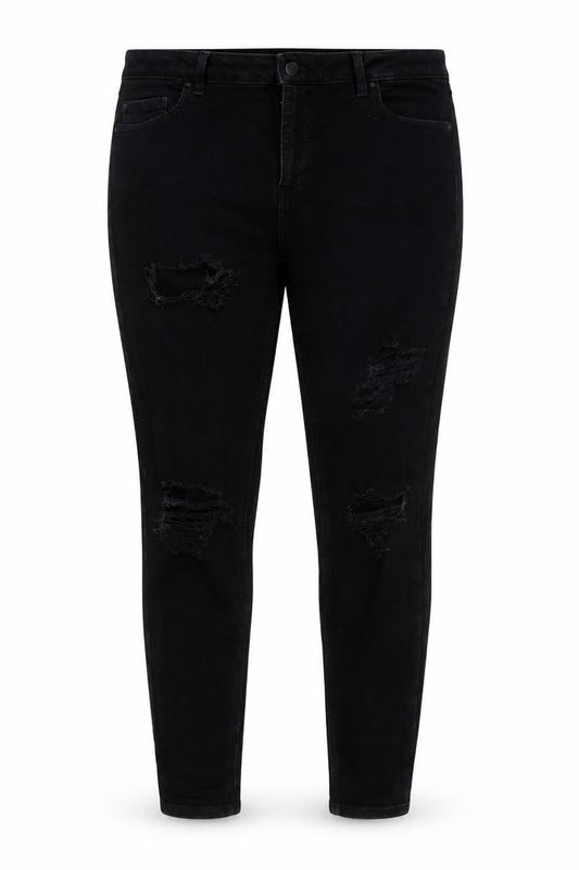 Front view of Denim & Co. women’s black cotton blend tapered jeans, size UK 16, 28-inch leg regular zip