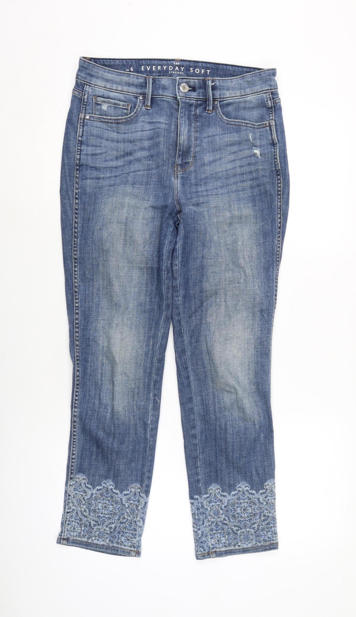 White House Black Market Womens Blue Cotton Blend Cropped Jeans Size 28 in L26.5 in Regular Zip - Embelished cuff.- Distressed.