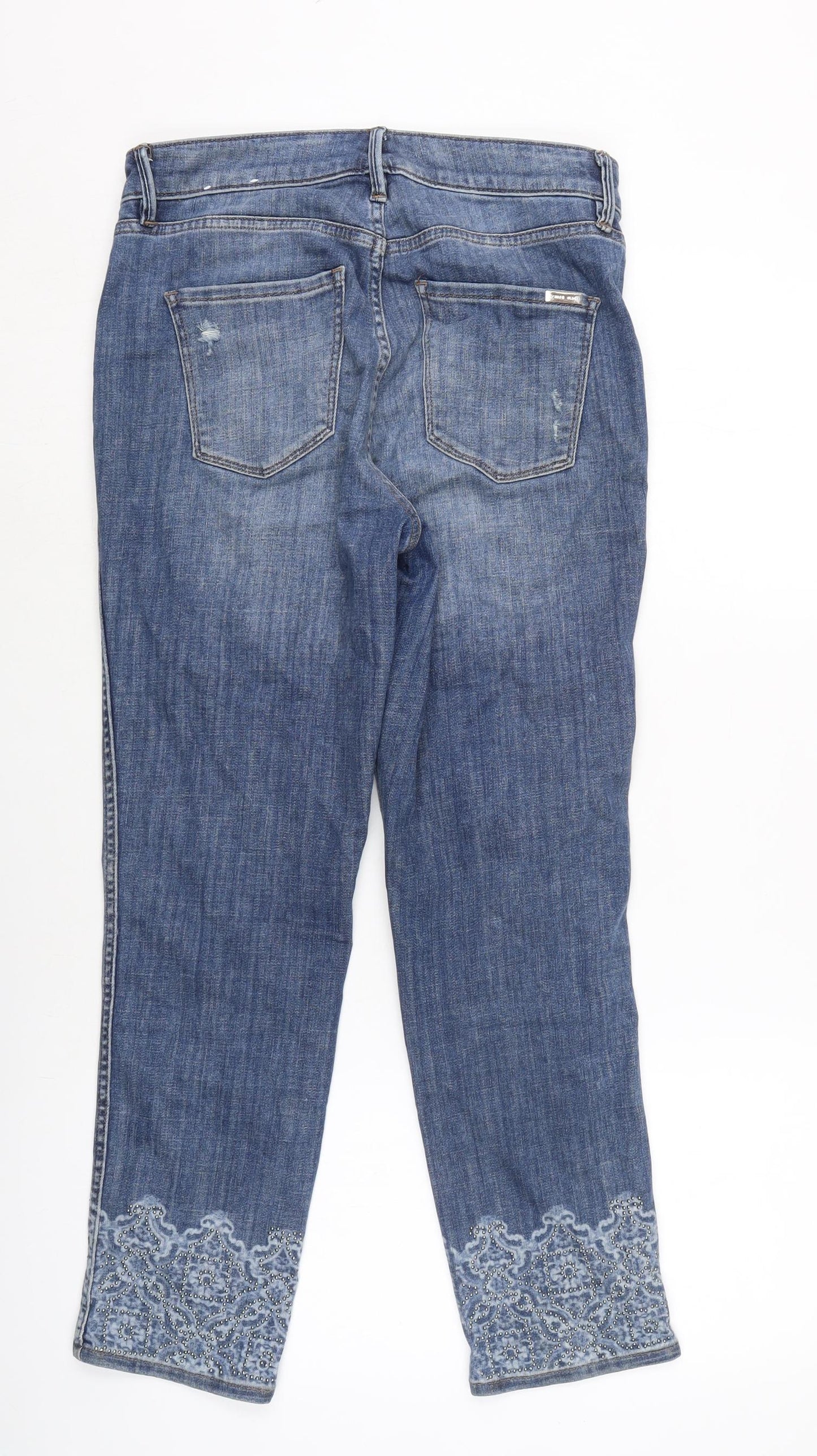 White House Black Market Womens Blue Cotton Blend Cropped Jeans Size 28 in L26.5 in Regular Zip - Embelished cuff.- Distressed.