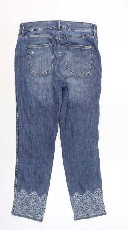 White House Black Market Womens Blue Cotton Blend Cropped Jeans Size 28 in L26.5 in Regular Zip - Embelished cuff.- Distressed.