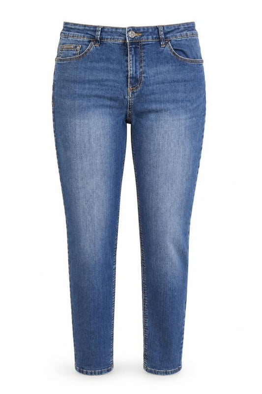 Front view of Encuentro women’s blue cotton blend tapered jeans, size UK 12, 28-inch leg regular zip
