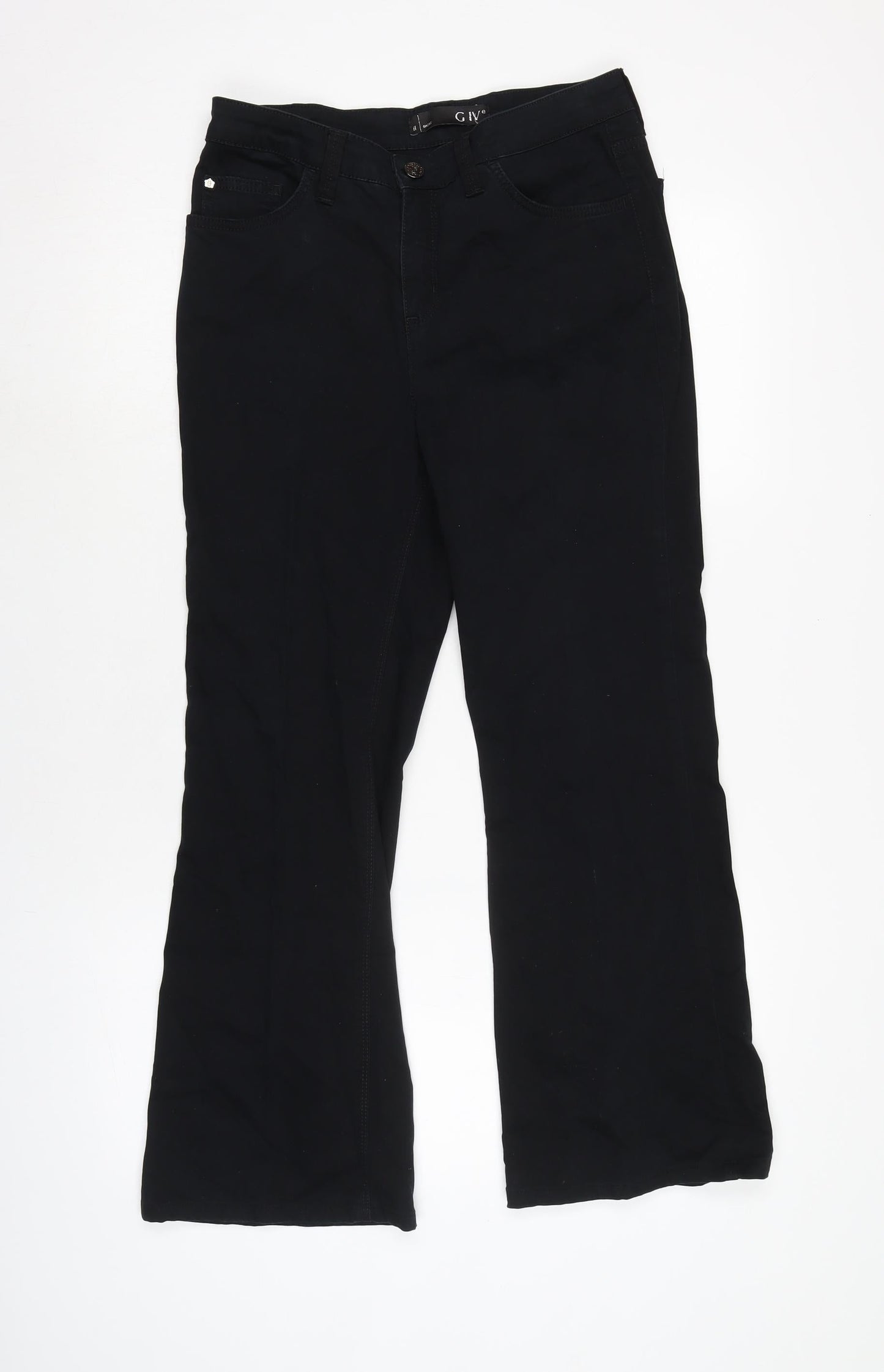 Give Womens Black Cotton Blend Bootcut Jeans Size 28 in L27 in Regular Zip - Gemstone detail to pockets.
