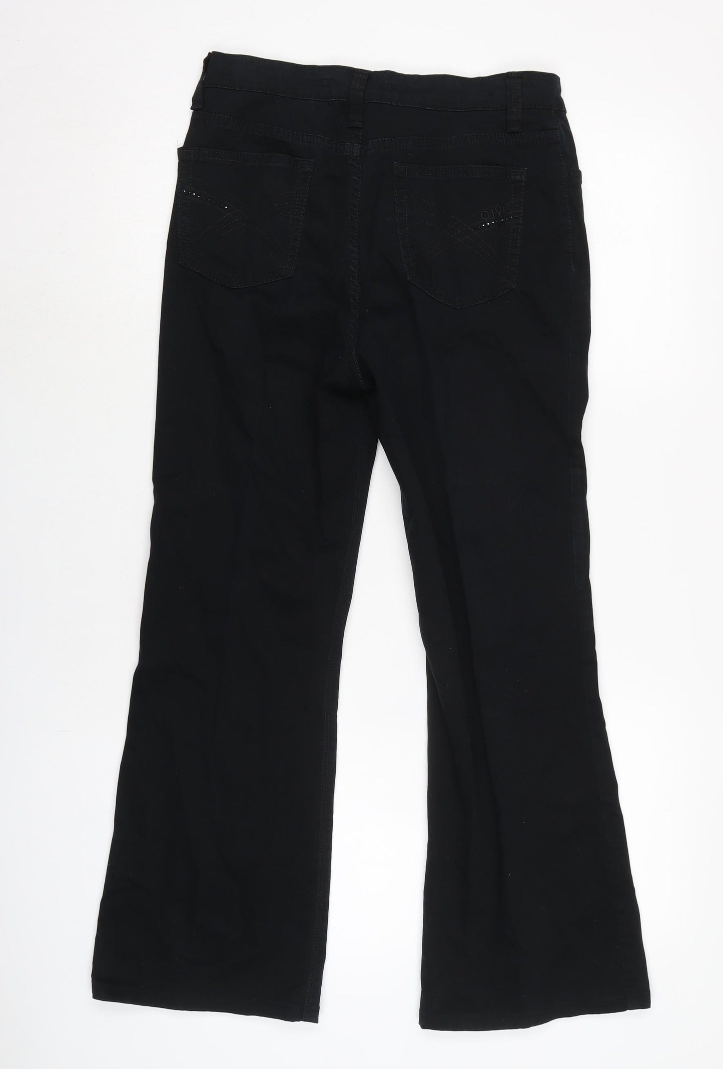 Give Womens Black Cotton Blend Bootcut Jeans Size 28 in L27 in Regular Zip - Gemstone detail to pockets.