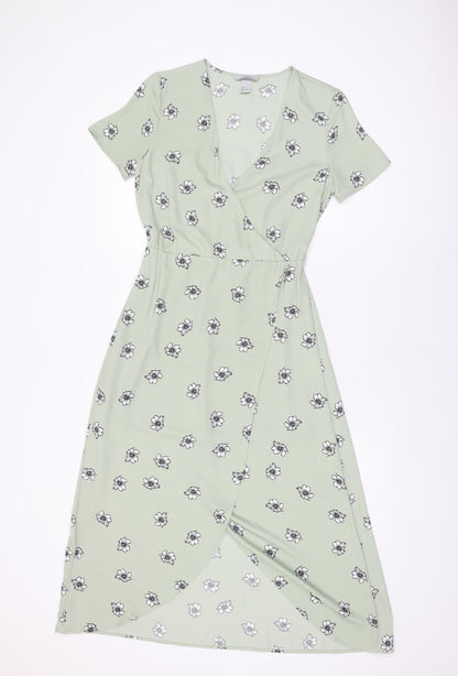 H&M Womens Green Floral Polyester A-Line Size 6 V-Neck Pullover