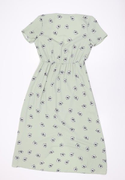 H&M Womens Green Floral Polyester A-Line Size 6 V-Neck Pullover