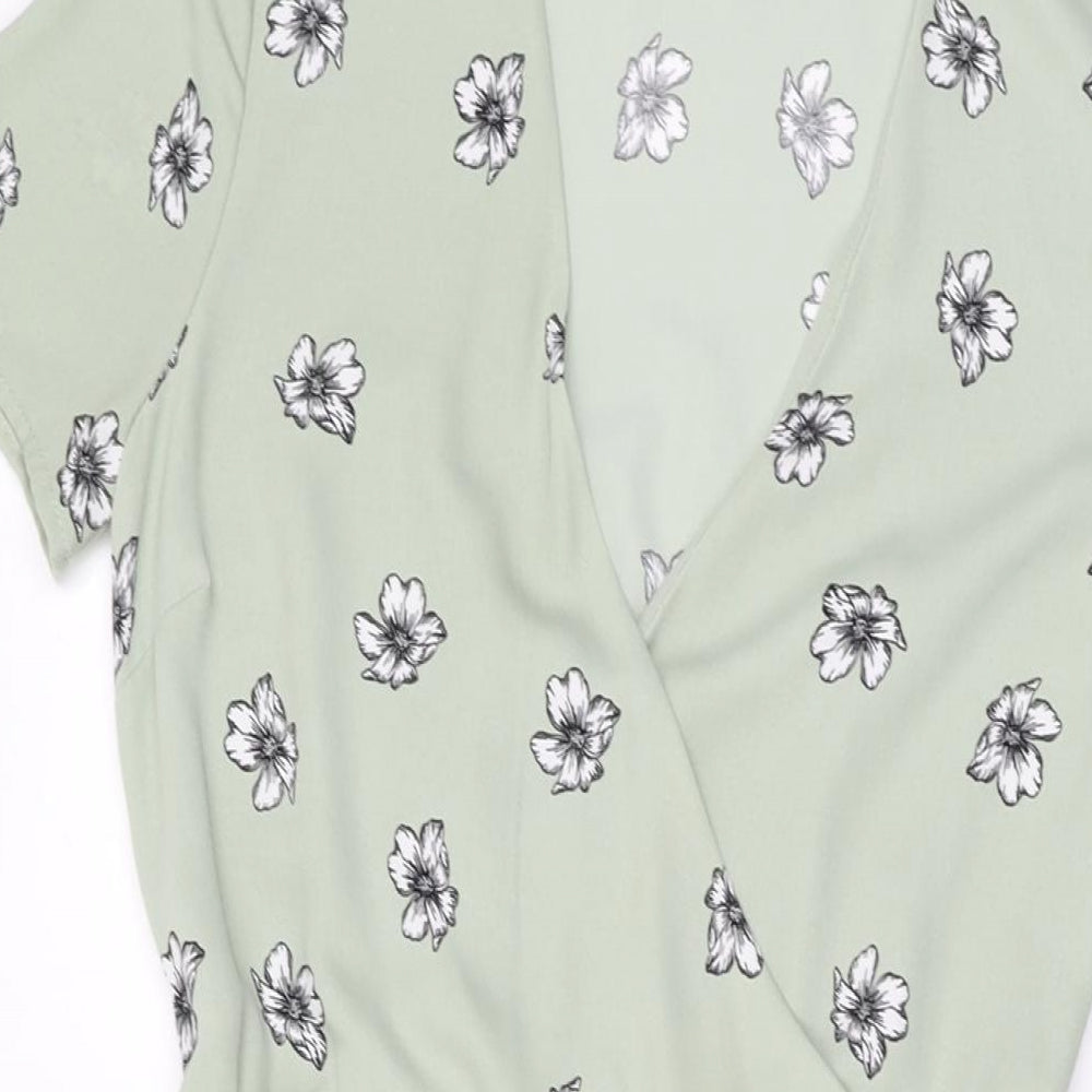 H&M Womens Green Floral Polyester A-Line Size 6 V-Neck Pullover