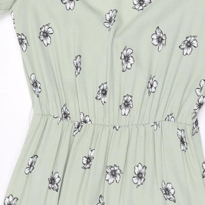 H&M Womens Green Floral Polyester A-Line Size 6 V-Neck Pullover