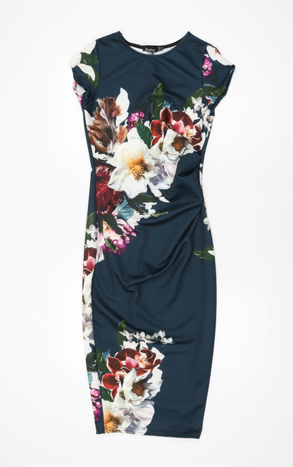 Boohoo Womens Blue Floral Polyester Bodycon Size 6 Round Neck Pullover