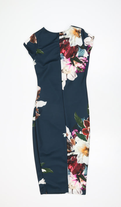 Boohoo Womens Blue Floral Polyester Bodycon Size 6 Round Neck Pullover