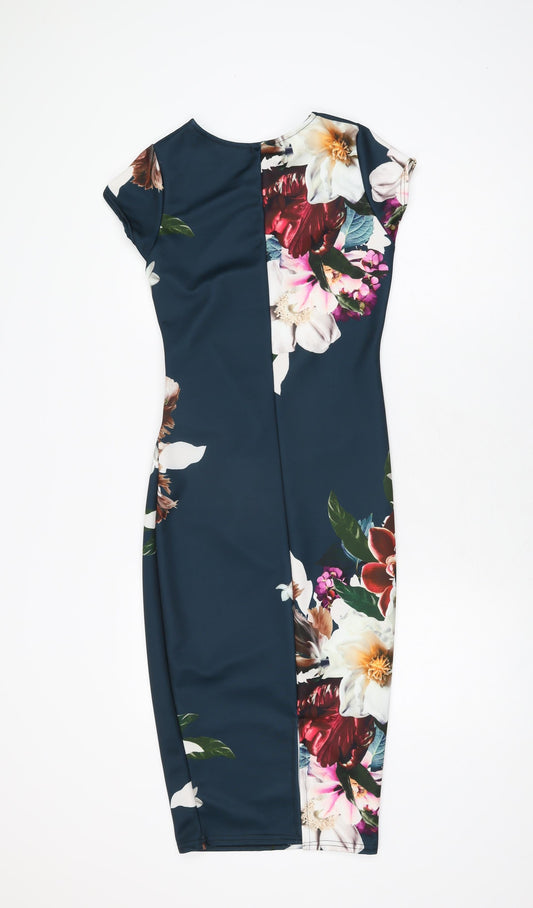 Boohoo Womens Blue Floral Polyester Bodycon Size 6 Round Neck Pullover