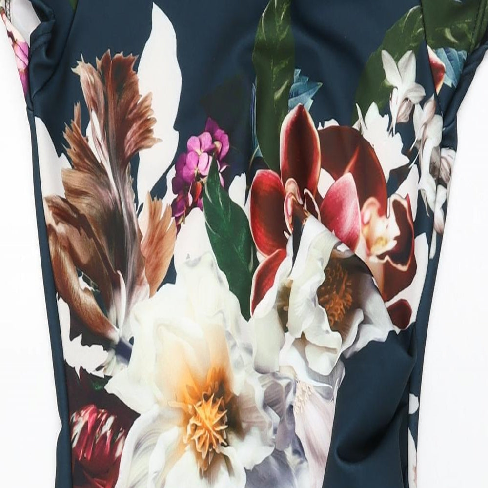 Boohoo Womens Blue Floral Polyester Bodycon Size 6 Round Neck Pullover