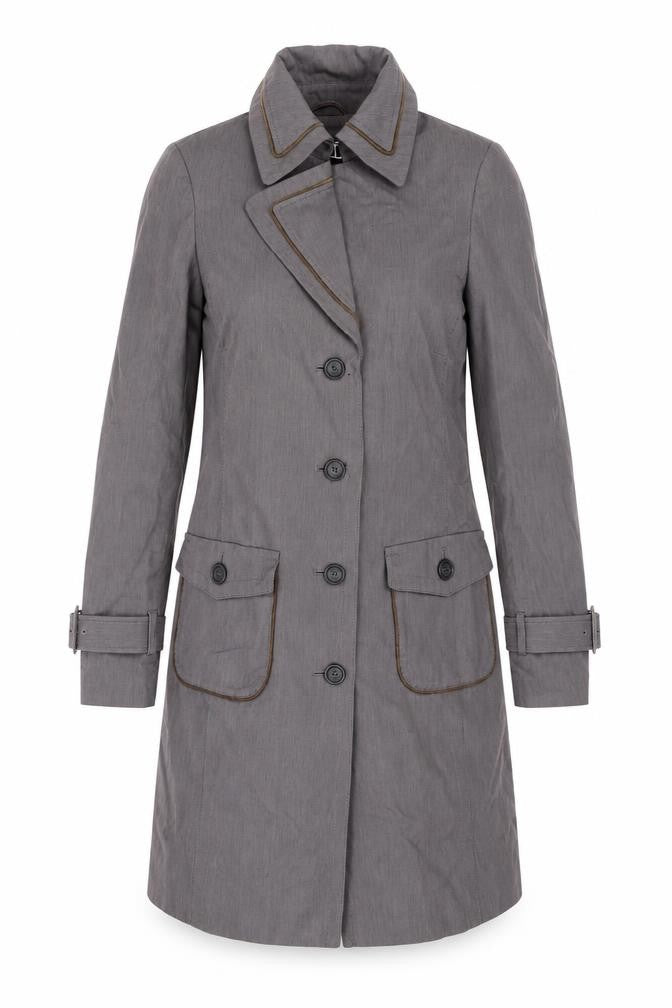 Front view of ESPRIT women’s purple overcoat coat, size UK 10, button
