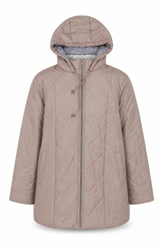 Front view of Anne De Lancay women’s pink puffer jacket coat, size L, zip