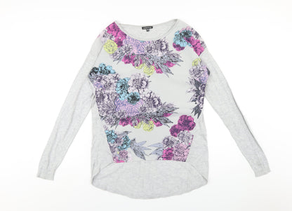 French Connection Womens Grey Floral Viscose Basic T-Shirt Size 10 Round Neck