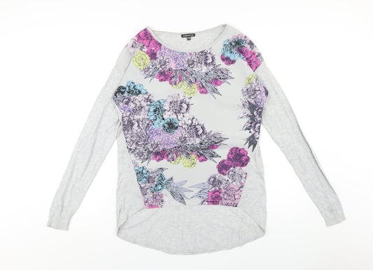 French Connection Womens Grey Floral Viscose Basic T-Shirt Size 10 Round Neck