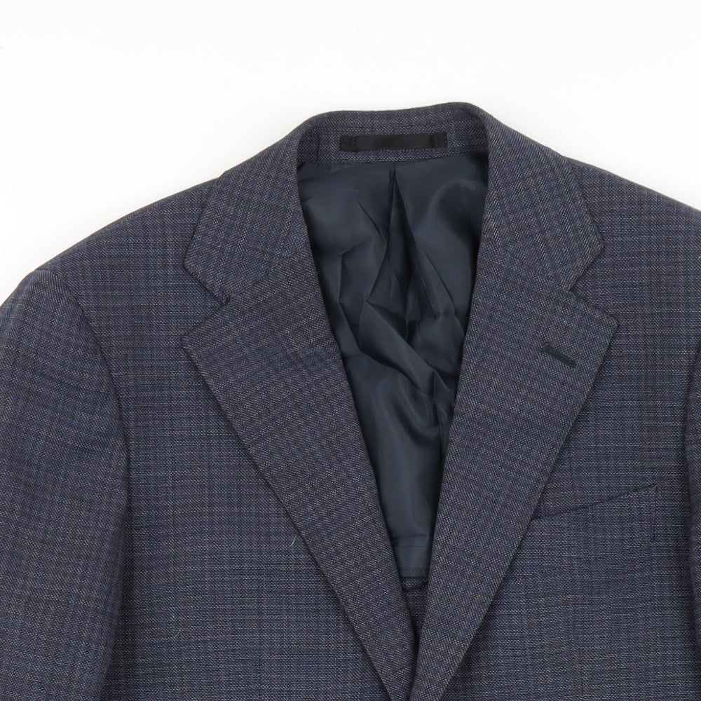 Close-up detail of Only men’s blue plaid polyester jacket blazer, size 38, regular