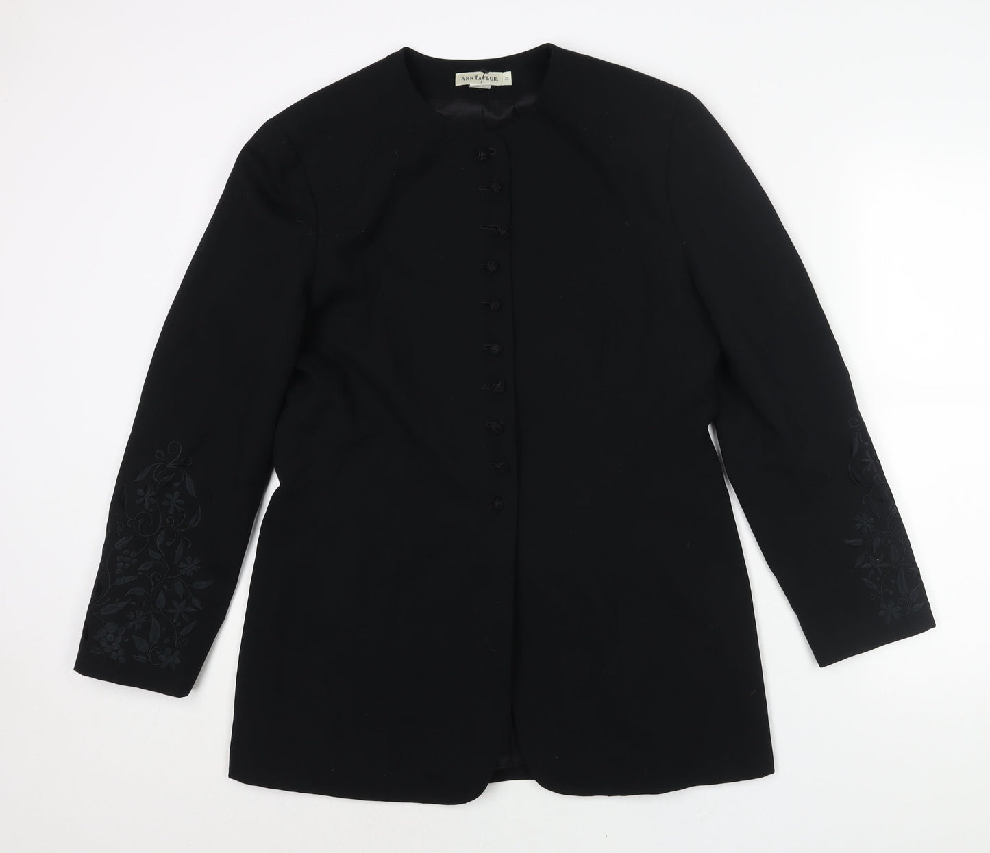 Ann Tayolor Womens Black Jacket Size 12 Button - Floral Embroidered Sleeves