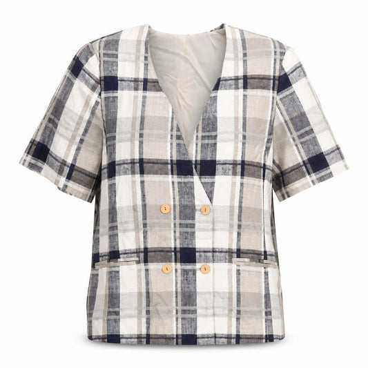 Front view of Fashion Extra women’s beige check jacket, size UK 16, button - double breasted