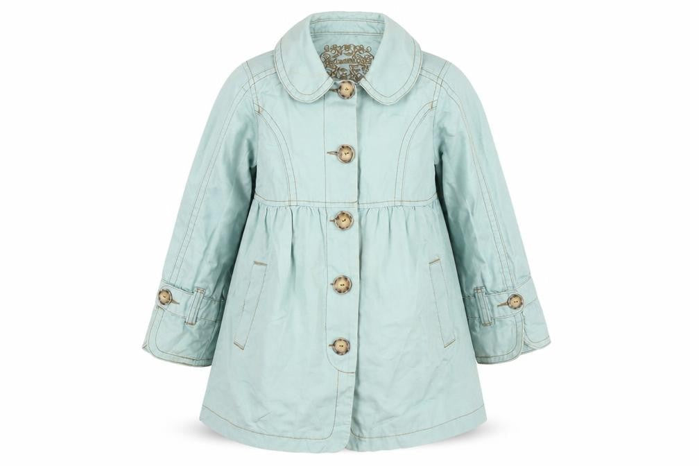 Front view of Next girls’ blue jacket, size 5-6, years button