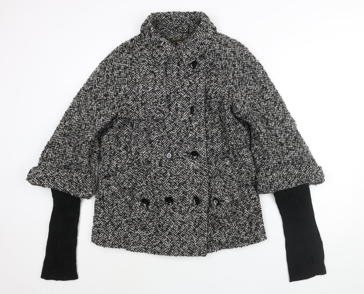 Marvin Richards Womens Black Herringbone Pea Coat Coat Size L Button - Ribbed Knit Sleeve Thumhole