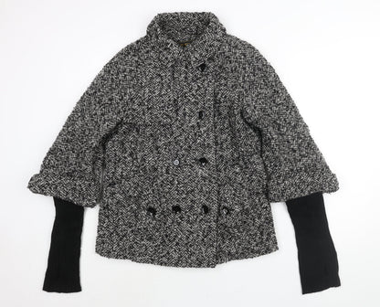 Marvin Richards Womens Black Herringbone Pea Coat Coat Size L Button - Ribbed Knit Sleeve Thumhole