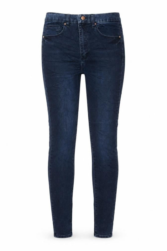Front view of ASOS women’s blue cotton skinny jeans, size UK 28, in, 36-inch leg regular zip