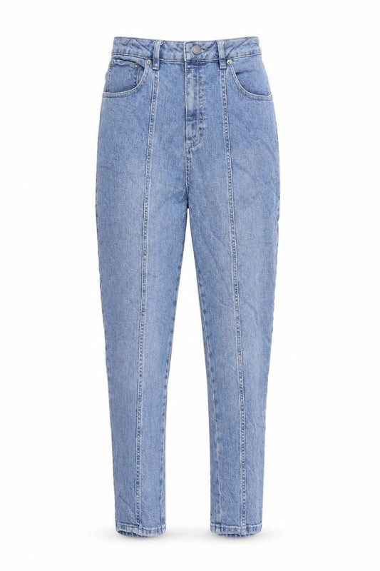 Front view of ASOS women’s blue cotton tapered jeans, size UK 30, in, 30-inch leg regular zip - front seam detail