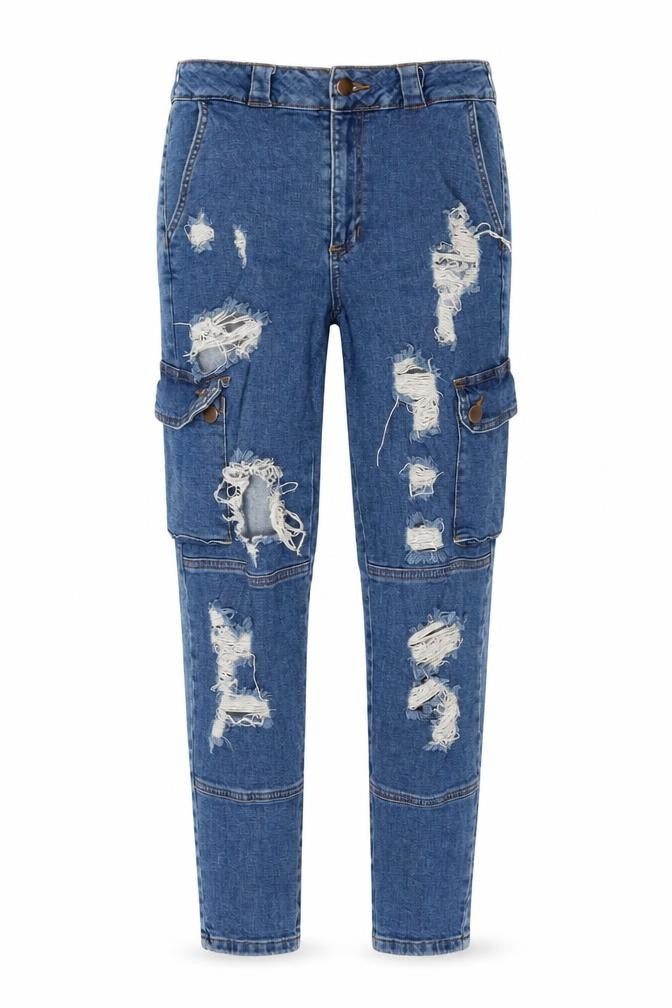 Front view of Fashion Nova women’s blue cotton straight jeans, size UK 29, in, 28-inch leg regular zip - cargo style