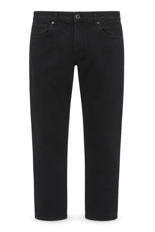 Front view of Denim & Co. men’s black cotton skinny jeans, size 34, in, 34-inch leg regular zip
