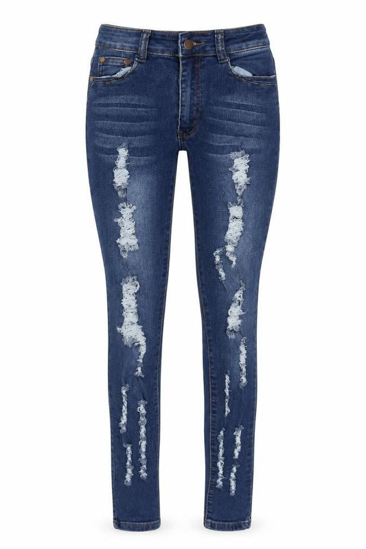 Front view of Fashion Nova women’s blue cotton skinny jeans, size UK 24, in, 30-inch leg regular zip