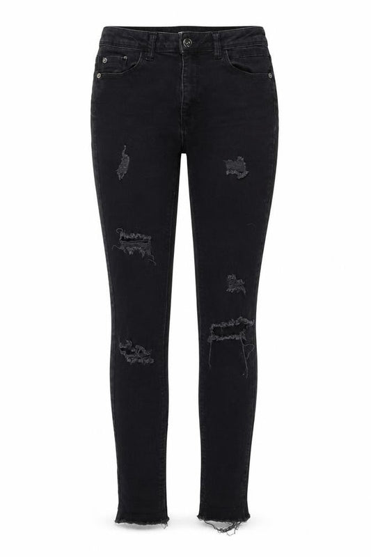 Front view of Missguided women’s black cotton skinny jeans, size UK 8, 28-inch leg regular zip