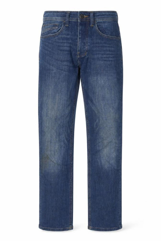 Front view of Denim & Co. men’s blue cotton straight jeans, size 30, in, 32-inch leg regular zip