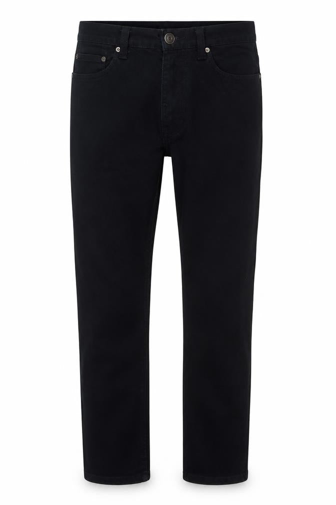 Front view of Denim & Co. men’s black cotton straight jeans, size 28, in, 32-inch leg regular zip