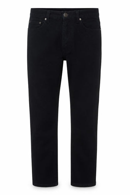 Front view of Denim & Co. men’s black cotton straight jeans, size 28, in, 32-inch leg regular zip
