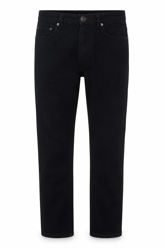 Front view of Denim & Co. men’s black cotton straight jeans, size 28, in, 32-inch leg regular zip