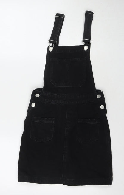Missguided Womens Black Cotton Pinafore/Dungaree Dress Size 6 Square Neck Button