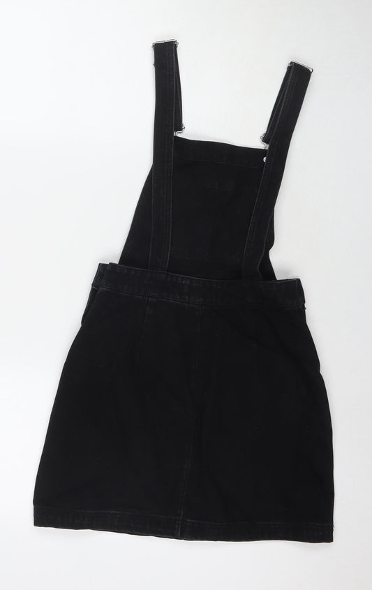 Missguided Womens Black Cotton Pinafore/Dungaree Dress Size 6 Square Neck Button