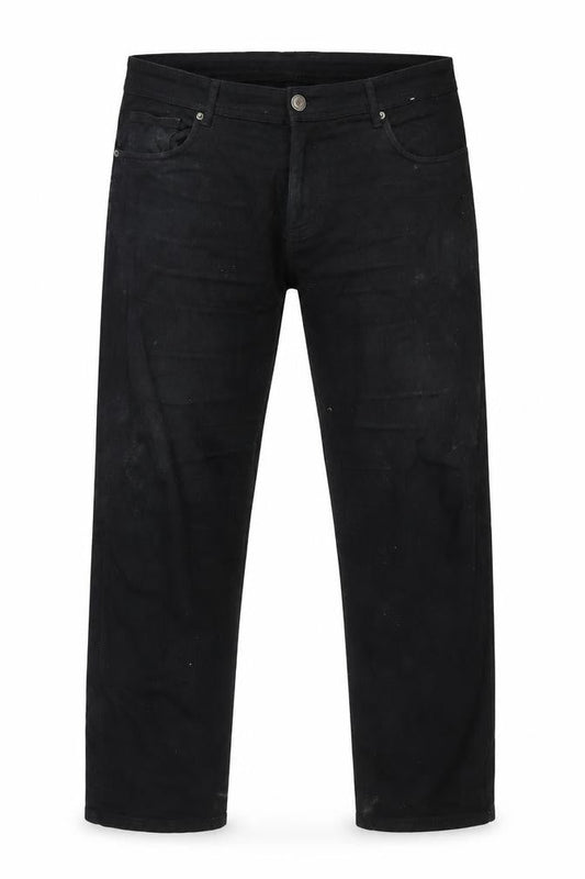 Front view of Denim & Co. men’s black cotton blend straight jeans, size 36, in, 28-inch leg regular tie