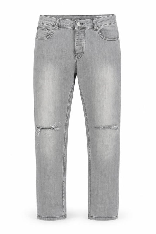 Front view of Denim & Co. men’s grey cotton blend straight jeans, size 34, in, 28-inch leg regular button