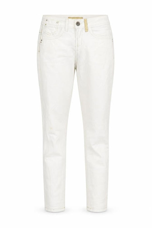 Front view of Denim & Co. women’s ivory cotton blend tapered jeans, size UK 10, 30.5-inch leg regular zip