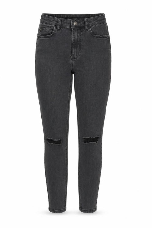 Front view of Denim & Co. women’s grey cotton blend tapered jeans, size UK 8, 25.5-inch leg regular zip