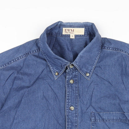 EWM Mens Blue Cotton Button-Up Size L Collared Button