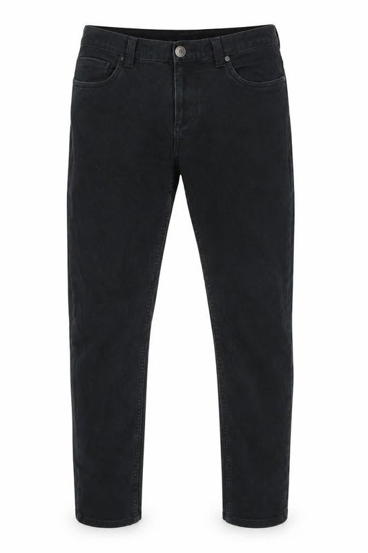 Front view of Denim Co men’s black cotton skinny jeans, size 32, in, 32-inch leg slim zip