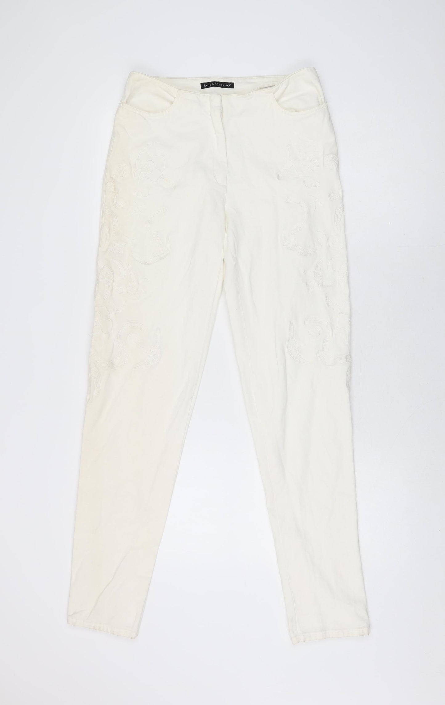 LUISA CERANO Womens Ivory Floral Cotton Skinny Jeans Size 10 L31.5 in Regular Zip
