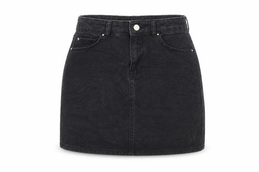 Front view of Denim & Co. women’s black cotton mini skirt, size UK 10, zip - pockets