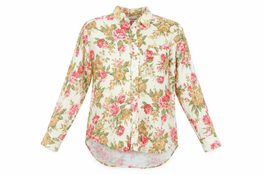 Spirit House Womens Beige Floral Cotton Basic Button-Up Size L Collared - Vintage