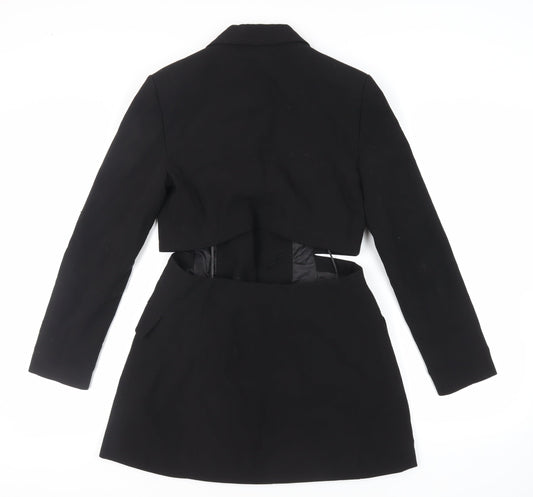 Stradivarius Womens Black Polyester Jacket Dress Size M Collared Button - Cut Out